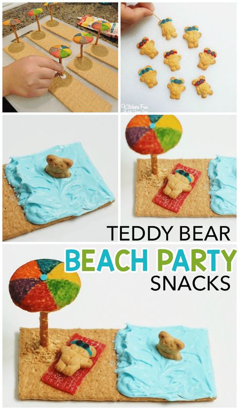 Teddy Graham Beach, Beach Party Snacks, Pool Party Treats, Beach Crafts For Kids, Beach Treats, Summer Kids Party, Theme Snack, Summer Party Games, Daughter Activities