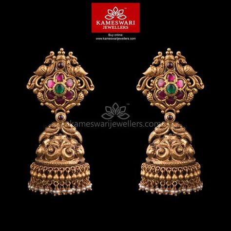 Nemali Nakashi Jhumkis Kameshwari Jewellery, Kameswari Jewellers, Temple Jewellery Earrings, Buy Earrings Online, Gold Jhumka, Jhumka Designs, Gold Temple Jewellery, Indian Jewelry Earrings, Earrings Ideas