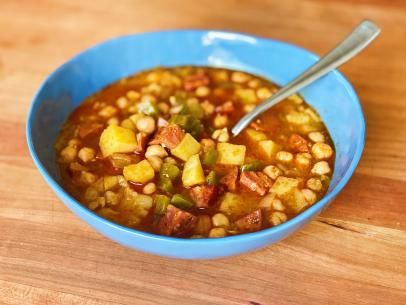 Potaje de Garbanzos (Cuban Garbanzo Bean Stew) Recipe | Gabriela Rodiles | Food Network Garbanzo Bean Stew, Garbanzo Bean Recipes, Spanish Chorizo, Beans Potatoes, Cuban Dishes, Recipes With Ingredients, Garbanzo Bean, Cuban Style, Hearty Casseroles