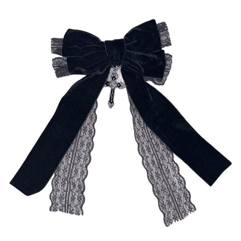 Indulge In The Mysterious Allure With This Black Velvet Hair Bow Barrette & All Its Gothic Charm. This Enchanting Accessory Features A Soft Black Velvet Fabric Bow Adorned W/ Intricate Black Lace Detailing. At The Center Of The Bow, A Silver Gothic Cross Pendant Adding A Touch Of Gothic Doll Charm But Perfect For All The Alternative Goth Girlies That Are Spooky All Year Round. Perfect For Embracing The Goth & Alternative Aesthetic, This Statement Piece Is Sure To Make A Statement At Any Dark And Cute Black Hat, Black Wedding Accessories, Goth Accessories Aesthetic, Romantic Goth Accessories, Gothic Doll Aesthetic, Dark Coquette Accessories, Goth Hair Accessories, Png Accessories, Vampire Hair