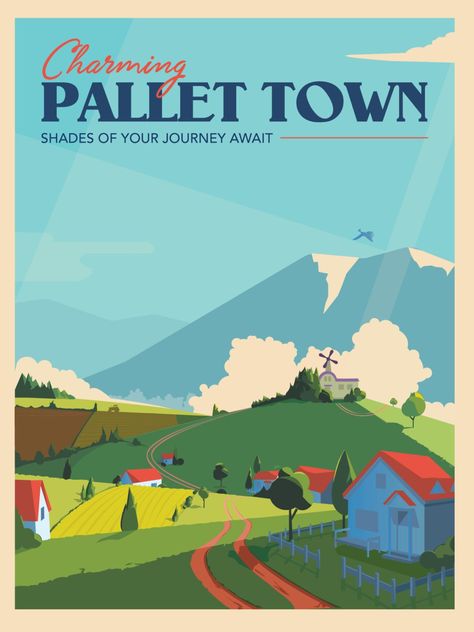 Pokemon Pallet Town, Pokemon Towns, Pokemon Locations, Illustration Tumblr, Pokemon Gym, Pokemon Champions, Pokemon Poster, Pokemon Regions, Postal Vintage