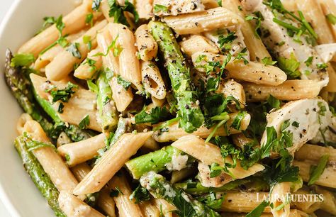 Creamy Lemon Chicken Asparagus Pasta (30-min Meal) | Laura Fuentes Chicken Asparagus Pasta, Asparagus Pasta Recipes, Creamy Lemon Chicken, 30 Min Meals, Chicken Asparagus, Asparagus Pasta, Pasta Side Dishes, Fresh Asparagus, Chicken Pasta Recipes