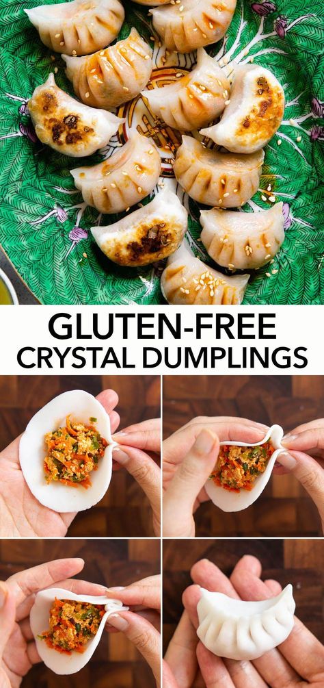 Crystal Dumplings, Gluten Free Dumpling Wrappers, Vegan Filling, Gluten Free Asian Recipes, Gluten Free Dumplings, Cookies Sans Gluten, Gluten Free Chinese, Translucent Skin, Pan Sin Gluten