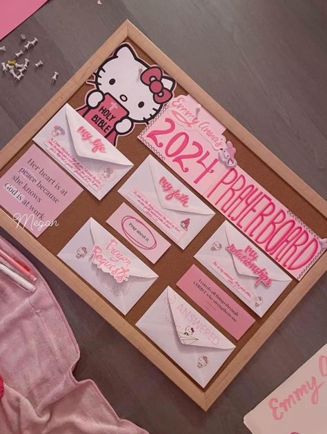 Hello Kitty Vision Board, Digital Prayer Board, Prayer Board Ideas Pink, Pink Prayer Board, Pink Bedroom Decor Girly, Pink Vision Board Ideas, Prayer Journal Aesthetic, Bible Board Ideas, Christian Board Ideas