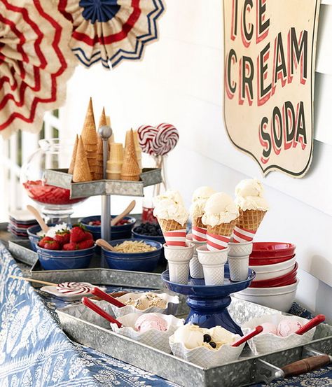 4th of July Decorating Ideas From Pottery Barn  For A Festive Celebration - Ice Cream Social 4th Of July Ice Cream, Buffet Dessert, Waffle Bowl, Dessert Original, Ice Cream Bar, Ice Cream Social, White Pottery, Icecream Bar, Ice Cream Party