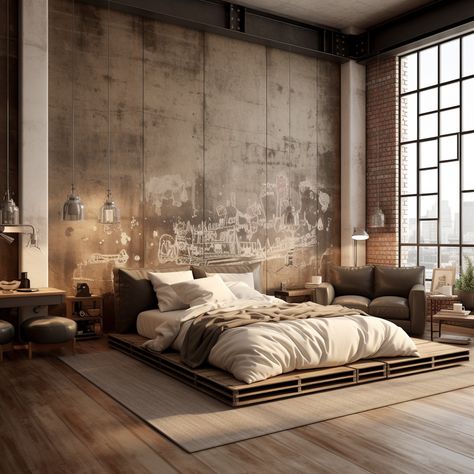 Urban Bedroom Decor, Industrial Bedrooms, Urban Industrial Bedroom, Loft Apartment Bedroom, New York Bedroom, Brick Living Room, Industrial Bedroom Design, Mens Bedroom Decor, Cottagecore Living