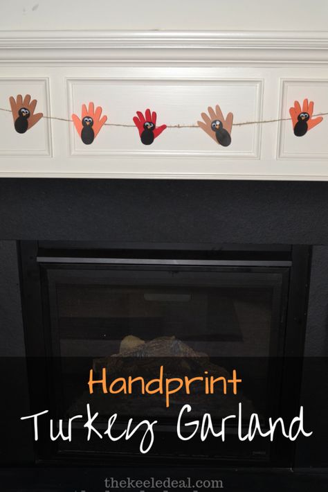 Handprint Turkey Garland Craft. This turkey Garland is an adorable addition to your Thanksgiving decor and bonus the kids will love helping you make all of the turkeys! #thanksgivingcraft #Thanksgivingdecor #diy Thanksgiving Decorations For Kids, Turkey Garland, Thanksgiving Mason Jar, Handprint Turkey, Diy Kids Table, Garland Craft, Thanksgiving Garland, Diy Turkey, Turkey Handprint