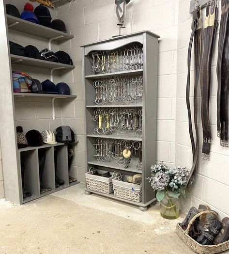 Horse Tack Room Organization, Tack Room Storage, Shoes On The Floor, Dream Barn Stables, Tack Room Organization, Horse Tack Rooms, Stable Style, Barn Hacks, Diy Horse Barn