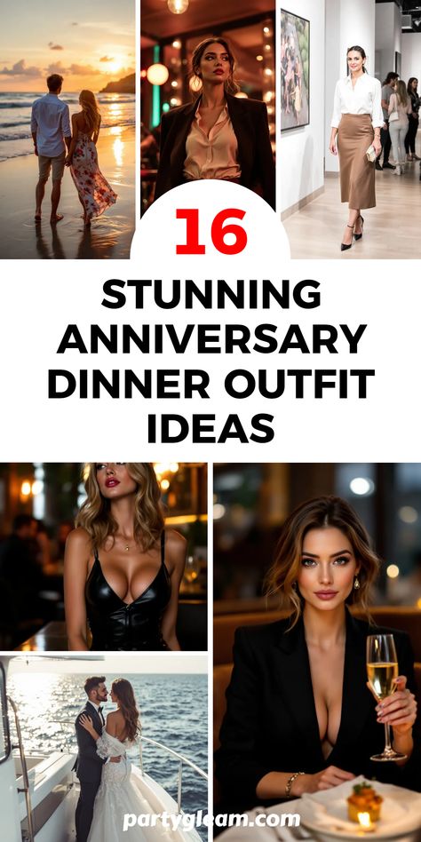 Celebrate your love in style with these 16 stunning anniversary dinner outfit ideas! Whether you're into off-the-shoulder gowns or flowy maxi dresses, we've got a range of outfits to match your taste. Want something sleek? Check out our recommendations for midi skirt and blouse combos or sophisticated pantsuits that impress. If you're aiming for edgy, explore our trendy leather dress option and tailored suits that show off a chic flair. Discover how to make your anniversary night unforgettable with the perfect attire that makes you feel fabulous! 1 Year Wedding Anniversary Outfit Ideas, Anniversary Dress Ideas Outfits Classy, Anniversary Dinner Outfit Ideas, Steakhouse Outfit Dinners, Anniversary Dress Ideas Outfits, Anniversary Outfits For Women, Anniversary Dinner Outfit, Dinner Outfits For Women, Golden Anniversary Party