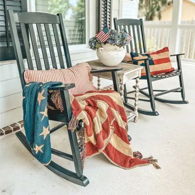 AMERICAN TRADITIONS | Shop Sales Events Antique Farmhouse Americana Porch Decor, Vintage Americana Decor, Ticking Stripe Bedding, Farmhouse Old, Americana Home, Trendy Furniture, Unique Farmhouse, American Decor, Americana Decor