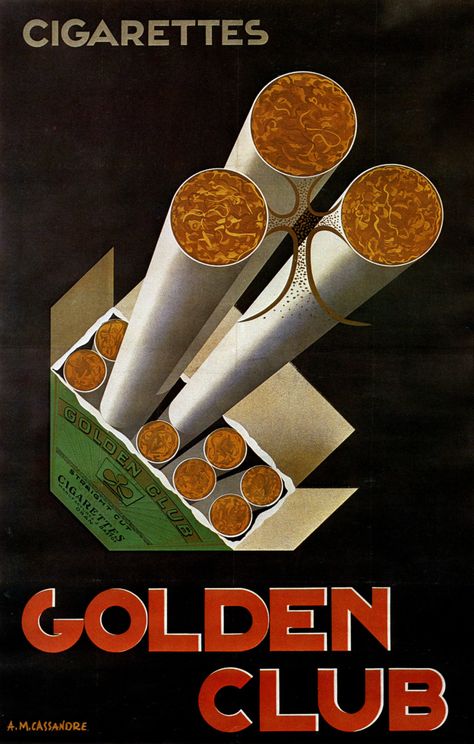 Golden Club by A.M. Cassandre, 1925 “ Dramatic perspective ✔ Incorporating the company logo into the product—see the clover leaf on the box? see the clover leaf of the three cigarettes? ✔ Bold type... Pierre Bernard, A M Cassandre, Graphic Design History, Poster Artist, Vintage Advertising Posters, Art Deco Poster, Deco Poster, Advertising Posters, Poster Ads