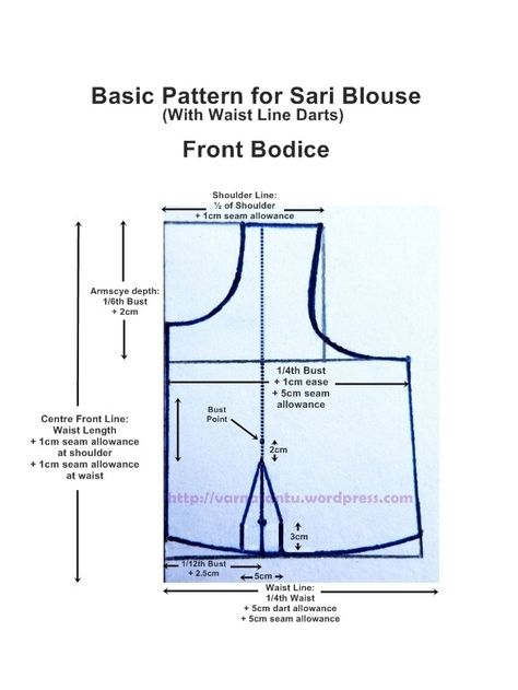 Basic Pattern for Sari Blouse With Waist Line Darts - Front Bodice Basic Blouse Pattern, Princess Cut Blouse, Sewing Measurements, Sewing Blouses, Basic Pattern, Princess Line, Bodice Pattern, Waist Line, Basic Blouses