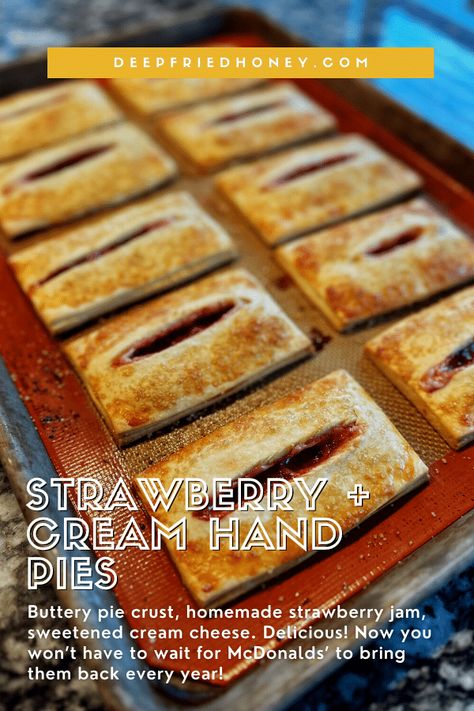 The recipe for these Strawberry and Cream Hand Pies - and the Buttery Pie Crust that also went live today - was originally in my first ebook offering As Fried Strawberry Pies, Strawberry Fried Pies Recipe, Hand Pie Crust, Strawberry Cream Cheese Fried Pies, Strawberry Cream Hand Pies, Strawberry Ghost, Strawberry Hand Pies, Strawberry Cream Pie, Strawberry Cream Pies