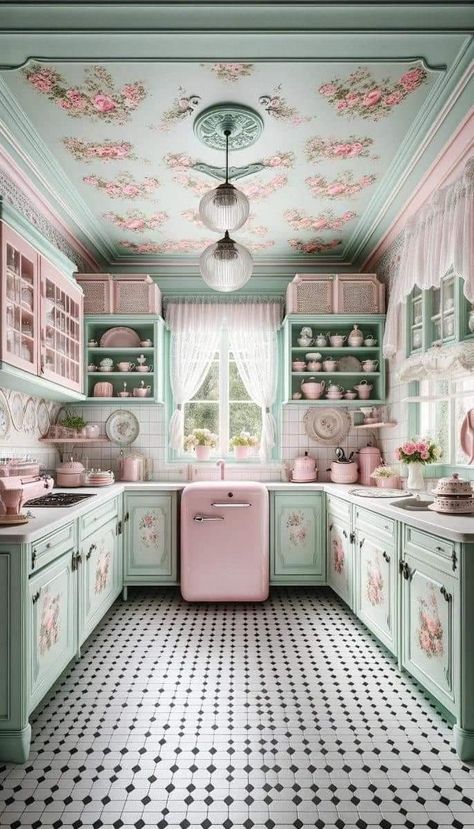 Retro Pink Kitchens, English Cottage Kitchens, Cottage Kitchen Design, Pastel Kitchen, Strawberry Kitchen, Fairytale House, Kitsch Decor, Kitschy Kitchen, Shabby Chic Interiors