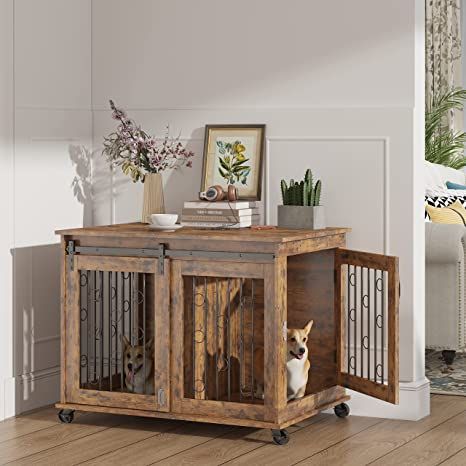 OUYESSIR Dog Crate Furniture End Table, Sliding Door Dog Cage with Partition for Two Puppies, Bottom Pulley, Decorative Pet Crate Dog House Indoor Use (39.37" W*25.2" D*28.94" H, Rustic Brown) Dog Kennel Indoor, Dog Kennel End Table, Wood Dog Kennel, Dog Crate End Table, Double Dog Crate, Dog Crate Table, Furniture Style Dog Crate, Two Puppies, Crate End Tables