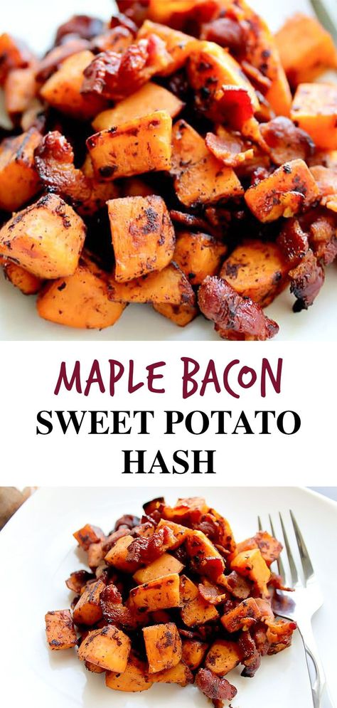 This is seriously the perfect brunch recipe! This Maple Bacon Sweet Potato Hash recipe is a sweet and savory dish that goes great at breakfast, brunch, OR dinner! It is sure to be a favorite family recipe! Try it for Easter Brunch or any weekend for a special breakfast. | #sweetpotatohash #brunch Paleo Casseroles, Power Meals, Paleo Easter, Brunch Favorites, Sweet Potato Hash Recipe, Potato Hash Recipe, Aip Breakfast, Thanksgiving Brunch, Breakfast Sides