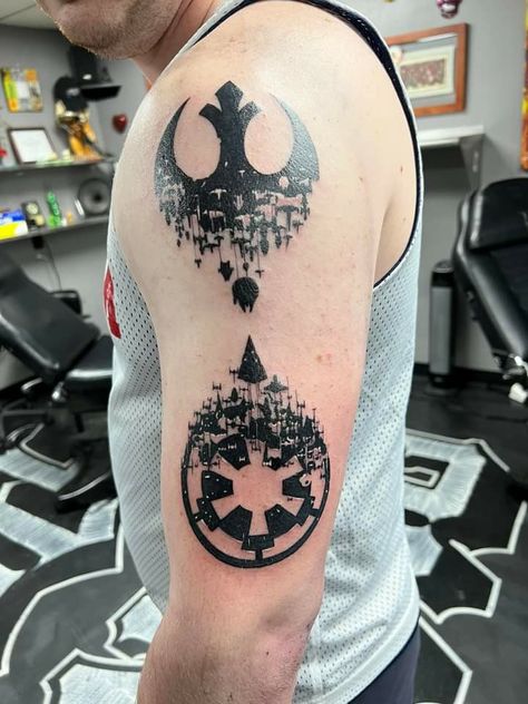 Star Wars Empire Tattoo, Star Wars Shoulder Tattoo, Starwars Tattoo Men, Star Wars Sith Tattoo, Star Wars Tattoo Small Simple, Traditional Star Wars Tattoo, Star Wars Tattoo For Men, Star Wars Tattoo Ideas, Sith Tattoo