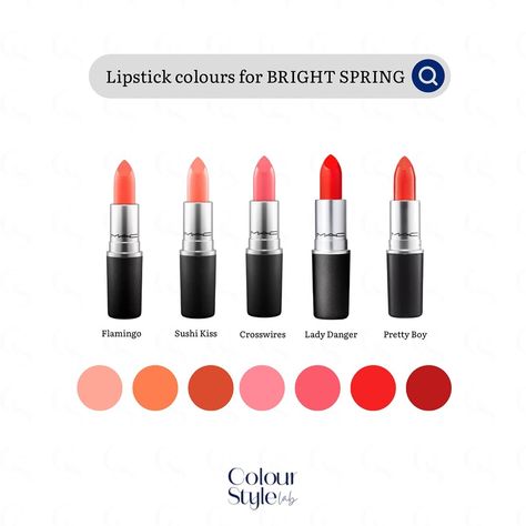 The best lipstick colours for Bright Spring are intense. These are all types of peach, coral and pinks. Avoid dark, cool colours - such as burgundy and plum. . . . . Follow me @colourstylelab . . . . #colouranalysis #brightspring #primaverabrilhante #coloranalysis #springpalette #makeup #style Bright Spring Makeup Products, Bright Spring Lipstick Colors, Bright Spring Lipstick, True Spring Lipstick, Spring Pallete, Bright Spring Makeup, Spring Lipstick Colors, Clear Spring Palette, Coral Pink Lipstick