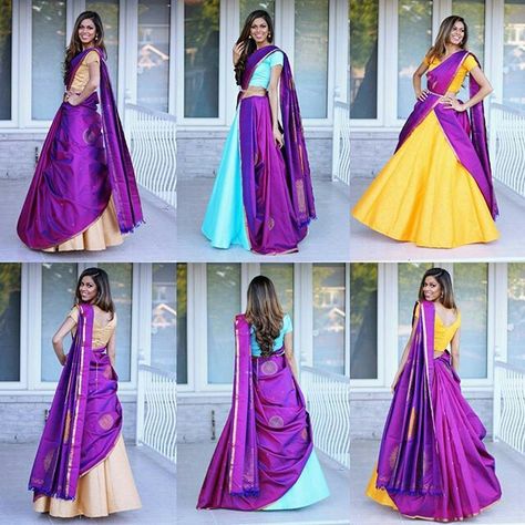 There is a beautiful way to drape saree Half Saree Different Styles, Saree As Dupatta, Lehnga With Saree Drape, Lehenga Using Saree, Saree Ghagra Style, Half Saree Dupatta Style, Lehenga And Saree Drape, Half Saree Drape Styles, Saree Draped As Half Saree