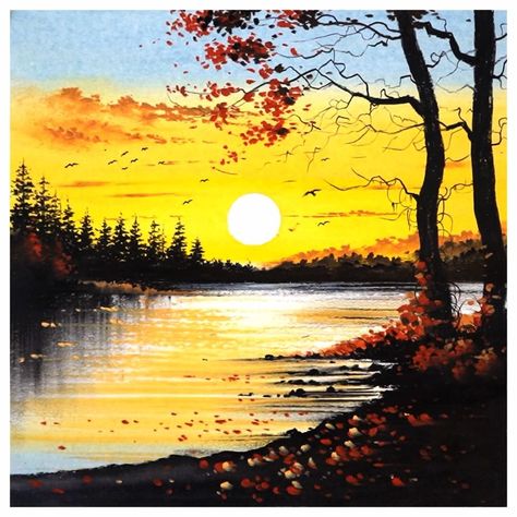 River Scenery Drawing, Oil Pastel Drawings Scenery, Morning Scenery Drawing, Sunset Drawing Oil Pastel, Drawing Of A Sunset, Scenery Oil Pastel, Summer Season Drawing, Oil Pastel Scenery, Oil Pastels Drawing