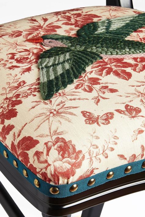 Unique Chair by Gucci, Hand Embroidered Bird on Red Herbarium Fabric image 3 Gucci Furniture, Embroidered Furniture, Rattan Chair Living Room, Grey Dining Chairs Modern, Blush Pink Chair, Patchwork Chair, Reupholster Chair, Gray Dining Chairs, Ikea Chair