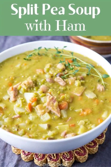 If you’re looking for cozy winter soup recipes, this split pea soup with ham will not disappoint. This hearty soup is made with tender split peas, savory ham, and a flavorful combination of veggies. Tastes just like how mom made it! #splitpeasoup #wintersouprecipes #splitpeasouprecipe Best Split Pea Soup With Ham, Turkey Bone Soup, Best Split Pea Soup Recipe, Bone Soup Recipes, Split Pea And Ham Soup, Split Pea Soup With Ham, Pea Soup With Ham, Carbquik Recipes, Simple Soups