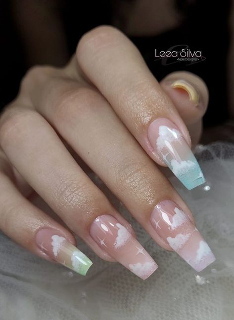 Cloud Inspo Nails, Aesthetic Cloud Nails, Acrylic Nails Cloud Design, Cloud Acrylic Nails, Aesthetic Long Nails, Pink Cloud Acrylic Nails, Purple Cloud Nails Acrylic, Nails Designs Ideas, Cloud Nails