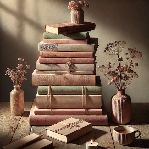 an image of pastel pink and green books with a cup of coffee and a tea light candle Stacks Of Books, Flickering Candle, Flickering Candles, Stack Of Books, The Quiet, Cup Of Tea, Reading Nook, Nook, Dried Flowers