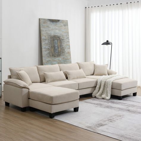 This modern sectional boasts a classic design that never goes out of style. Upholstery and smooth lines blend perfectly to create a harmonious look that suits any decor and enhances your space. Our sofa comes with many different shape pillows to provide extra support and decorative appeal to your living space. The flexible combination allows you to create many suitable ways of living. You can create what you want rearranged to suit every space you live in! Specifications Material: Solid Wood+Ply Boho Living Room Sofa, Couches For Open Floor Plan, Taupe Living Room Furniture, L Shape Couch Living Room, Beige Comfy Couch, Affordable Couches, Tan Microfiber Couch, Small Cream Sectional Sofa, Couch Styles