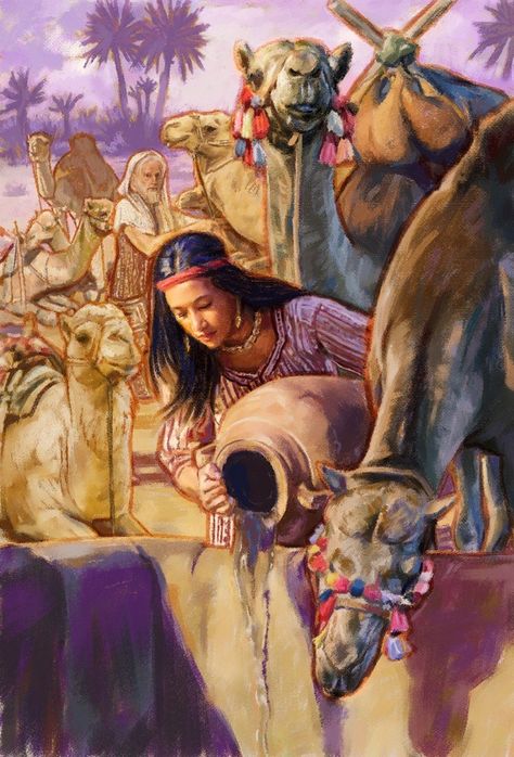 Rebekah pouring water for Eliezer’s camels to drink. Genesis 24:19-21 "When she finished giving him a drink, she said: “I will also draw water for your camels until they are done drinking.” So she quickly emptied her jar into the drinking trough and ran again and again to the well to draw water, and she kept drawing water for all his camels. The whole time the man silently stared at her in amazement, wondering whether Jehovah had made his trip successful or not." Biblical Artwork, Religious Pictures, Bible Images, Bible Illustrations, Family Worship, Bible Women, Bible Characters, Bible Pictures, Prophetic Art