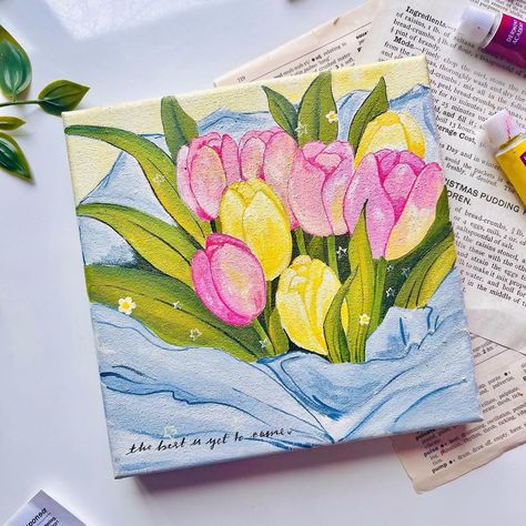 Some tulips for you today🌷🫧 Used @derwentart_india acrylics on canvas🫶🏼 . . . . #aashiwork🌸 #tulip #tulips #tulipart #acryliconcanvas🎨 #canvas #canvaspainting #roomdecor #cuteart #roomdecoration #tulippainting #acrylicpaintings Tulip Painting Acrylic Easy, Canvas Art Flowers, Tulip Art, Tulip Drawing, Tiny Canvas, Poster Color Painting, Tulip Painting, Tulips Art, Small Canvas Paintings