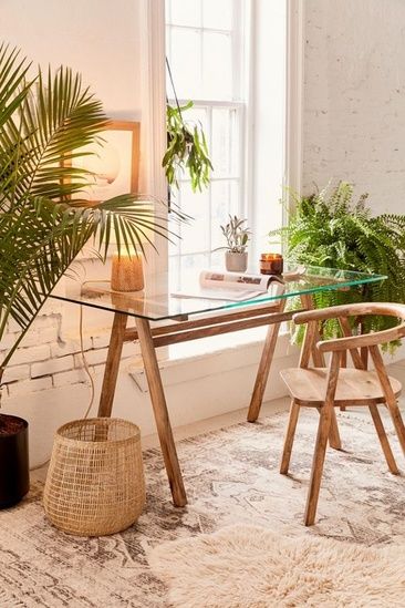 Bohemian workspace with glass top desk Boho Office, Hygge Home, Decor Essentials, Retro Home Decor, Office Inspiration, Retro Home, Home Office Design, Home Decor Trends, My New Room