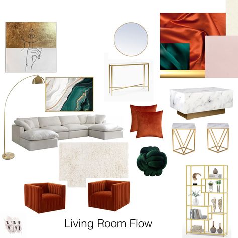 Stylish living room decor with burnt orange and emerald green accents Burnt Orange Green Grey Living Room, Hunter Green And Orange Bedroom, Mid Century Modern Living Room Burnt Orange, Grey Gold And Burnt Orange Living Room, Orange And Emerald Green Living Room, Taupe And Emerald Green Living Room, Burnt Orange Black And White Living Room, Orange And Green Living Room Ideas, Emerald Green Theme Living Room