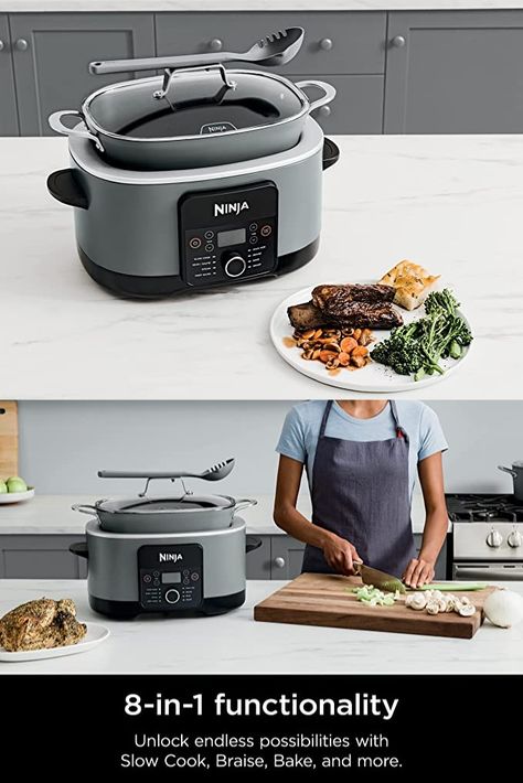 Ninja MC1001 Foodi PossibleCooker PRO 8.5 Quart Multi-Cooker, with 8-in-1 Slow Cooker, Dutch Oven, Steamer & More, Glass Lid & Integrated Spoon, Nonstick, Oven Safe Pot to 500°F, Sea Salt Gray Possible Cooker Pro Recipes, Rice Cookers, Conventional Oven, Food Warmer, Bread Maker, Ninja Foodi, Sauteed Vegetables, Slow Cookers, Spaghetti And Meatballs