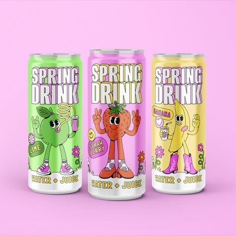 Stylized Character Packaging Design Beverage Packaging Design Inspiration, Canned Drinks Packaging, Juice Can Design, Soda Packaging Design, Drink Package Design, Soda Can Design, Character Packaging, Drink Packaging Design, Soda Design