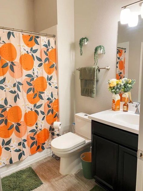 Peach Shower Curtain, Peach Bathroom, College Bathroom, Dorm Bathroom, Bathroom Decor Themes, Orange Bathrooms, Apartment Vibes, Bathroom Themes, Bathroom Decor Apartment