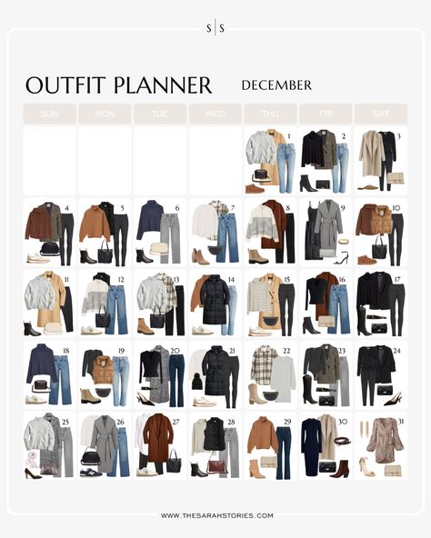 Happy December, friends! This time of year is honestly one of my favorites in terms of style. I love to dress the season, piece together outfits for December Outfits 2022, Monthly Outfit Planner, Planner December, Outfit Calendar, Clothes Capsule Wardrobe, December Outfits, Old Money Fashion, Capsule Wardrobe Casual, Outfit Planner