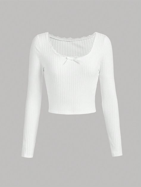 White Casual Collar Long Sleeve Knitted Fabric Plain  Embellished Medium Stretch  Teen Girls Clothing White Long Sleeved Top, Outfit Inspo 12-13, Cute Tops Long Sleeve, Cute Long Sleeve Tops, White Under Shirt, White Long Sleeve Shirt Outfit, Teen Shirts, White Top Long Sleeve