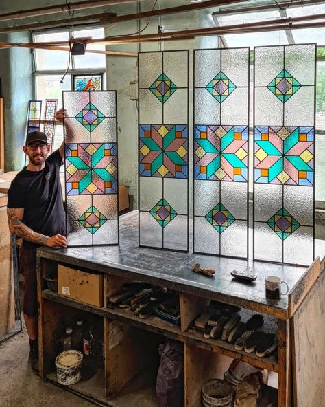 Set of 5 windows total made for my clients home #bespokeglass #stainedglass #hallwaydecor #geometricdecor Boho Stained Glass Window, Glass Photoshoot, Window Maker, Art Nouveau Modern, Art Deco Stained Glass, Dream Interior, Modern Stained Glass, Leaded Glass Windows, Hand Blown Glass Art