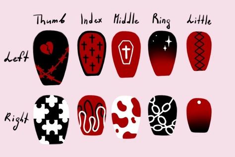 Nail design Red and black Black And Red Nail Art Design, Nail Inspiration Red And Black, Red Goth Nails Short, Black Nail Designs Grunge, Simple Emo Nail Designs, Red And Black Grunge Nails, Nails Ideas Red And Black, Black Red Nail Art, Red And Black Nail Design