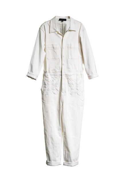 "At a glance, this white jumpsuit looks like your typical workman's onesie. However, those embellished pockets are definitely something you won't see at your neighborhood garage.” Simple White Jumpsuit, Jumpsuits For Men, Wolf Outfit, Overalls For Men, Stylish Overalls, White Overalls, Overalls For Women, Portrait Shoot, Style Overalls