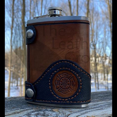 Custom Firefighter removeable leather flask cover project completed! #leathercraft #leatherflask #flask #leathercraft #handmade #leatherflasks #leatherwork #flasks #customflask #hipflask #firedepartment #firefighter #firefighters #firetruck #fireman #firefighting #firedept #firerescue #fireservice #firebrigade #firstresponders #firestation #tandyleather #thelasermill #Gottastartsomewhere #theleathercrow #theleathercrowllc @tandyleather @thelasermill Leather Flask Cover, Custom Flask, Leather Flask, Tandy Leather, Fire Brigade, Fire Service, Hip Flask, Fire Rescue, Fire Dept