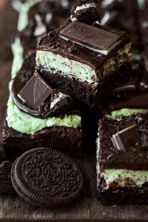 Moist fudge brownies, layered with mint green cookies and cream buttercream, chocolate ganache, Andes mints and crushed Oreos. Cookies And Cream Buttercream, Green Cookies, Chocolate Mint Brownies, Andes Mints, Mint Frosting, High Altitude Baking, Oreo Fudge, Mint Oreo, Mint Brownies