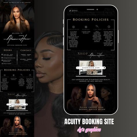 Another custom Acuity Booking site 😍✨ #dysgraphics #acuitybooking #acuityscheduling #businesscards #websitedesign #graphicdesign #businessowner #hairstylist #customwigs #hairvendor Acuity Site Design, Acuity Scheduling Design, Acuity Templates, Booking Site Design, Acuity Booking Site, Banner Clip Art, Makeup Business, Booking Website, Booking Sites