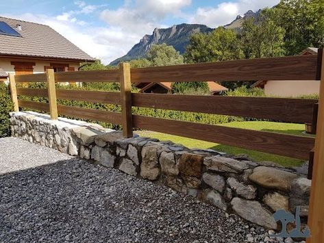 Decorative Fence Ideas Front Yards, Stone And Wood Fence, Small Rock Wall, Cordwood Homes, Driveway Entrance Landscaping, Ranch Fencing, Cinder Block Walls, Country Fences, Stone Wall Design