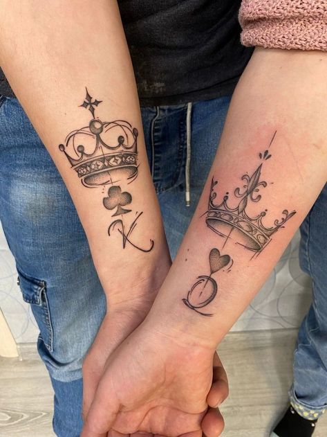 Explore 30 unique and meaningful small matching tattoos for married couples that symbolize love and commitment. Matching Crown Tattoos, Matching Tattoos For Married Couples, Crown Tattoo Ideas, Married Couple Tattoos, Him And Her Tattoos, Partner Tattoos, Cute Thigh Tattoos, Small Matching Tattoos, Small Couple Tattoos