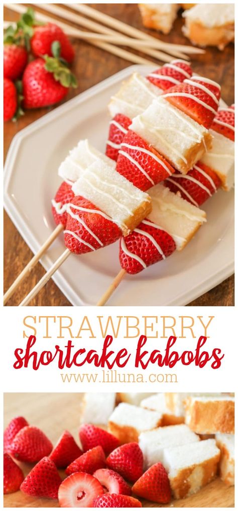 Strawberry Shortcake Kabobs are a simple version of a classic. Fluffy cake and strawberries are drizzled in melted vanilla candy coating!  #strawberryshortcakekabobs #dessertkabobs #strawberryshortcake #strawberryshortcakeonastick #desserts Birthday Finger Desserts, Fun Easy Party Food, Small Strawberry Desserts, Easy Desserts For Dessert Table, Easy Beach Desserts, Summer Picnic Food Ideas Desserts, Finger Food Desserts Easy, Desserts For The Beach, Outdoor Party Desserts