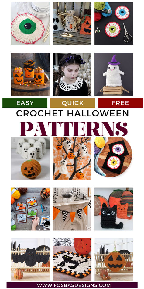 A collection of 31 crocheted Halloween decorations, including pumpkins, ghosts, and skulls, arranged on a rustic wooden table. Quick Halloween Crochet Patterns Free, Free Crochet Patterns For Halloween, Crochet Patterns For Halloween, Halloween Crochet Patterns Free Easy, Halloween Crochet Decor, Halloween Crochet Free Patterns, Halloween Free Crochet Patterns, Crochet Halloween Ideas, Free Crochet Halloween Patterns