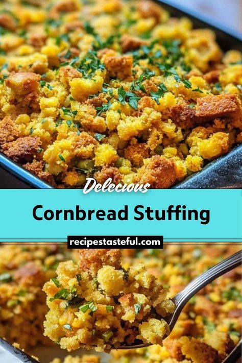 Cornbread Stuffing is a flavorful and comforting side dish perfect for holiday meals or any special dinner. Made with toasted cornbread cubes, sautéed vegetables, and aromatic herbs, it features a crispy topping and a soft, savory interior. Stuffing Recipes With Cornbread, Carmelized Onion Cornbread Stuffing, Stuffing With Cornbread And White Bread, Homemade Cornbread Stuffing Recipe Thanksgiving, Corn Bread Stuffing Recipes, Stovetop Cornbread Stuffing Recipes, Stove Top Cornbread Stuffing Recipes, Stuffing Muffins Recipes, Cornbread Recipe For Dressing