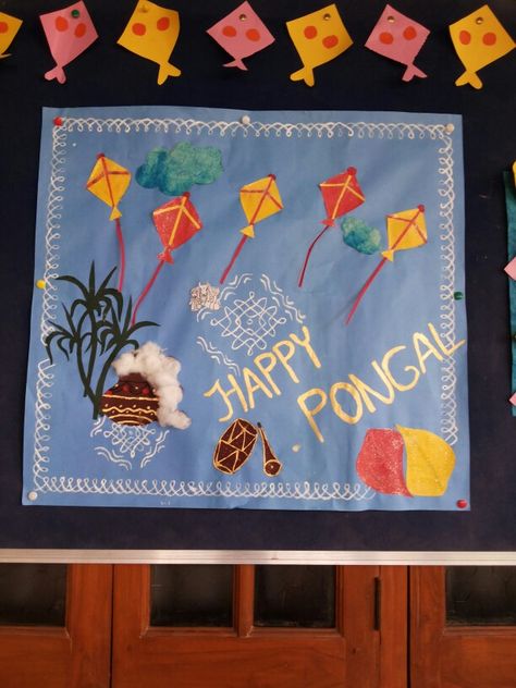 Pongal chart Pongal Chart Ideas For School, Pongal Notice Board Decoration, Pongal Craft, Diwali Festival Drawing, Coconut Decoration, Pongal Celebration, Diwali Drawing, Senses Preschool, Soft Board